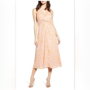 LEITH• Women’s Knot Front Dot Print Midi Dress Sz Large Pink Yellow Romantic